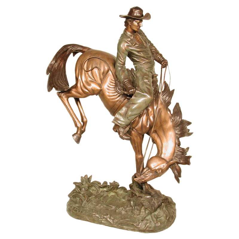 Pitching Bronco Cowboy Bronze Sculpture with Patina