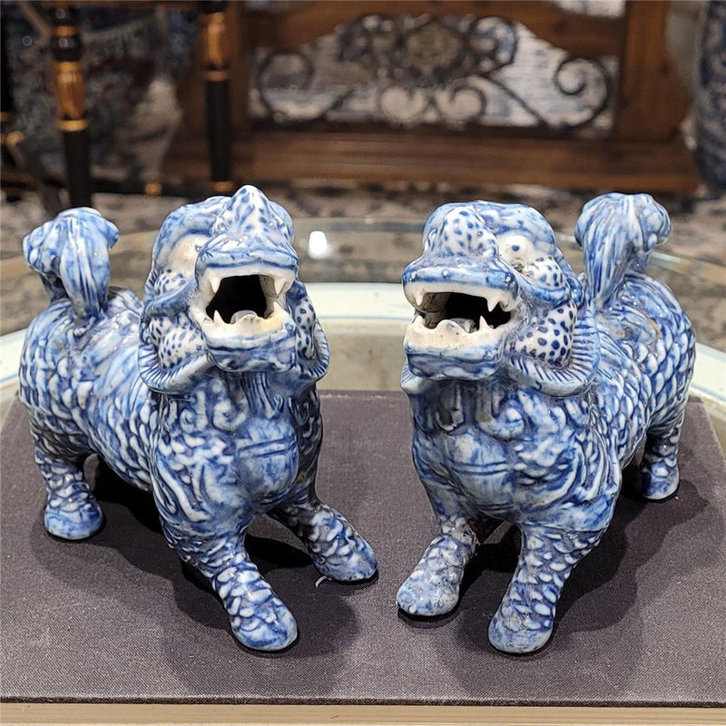 Chinese Blue & White Porcelain Foo Dogs Statue Set of 2-5"H