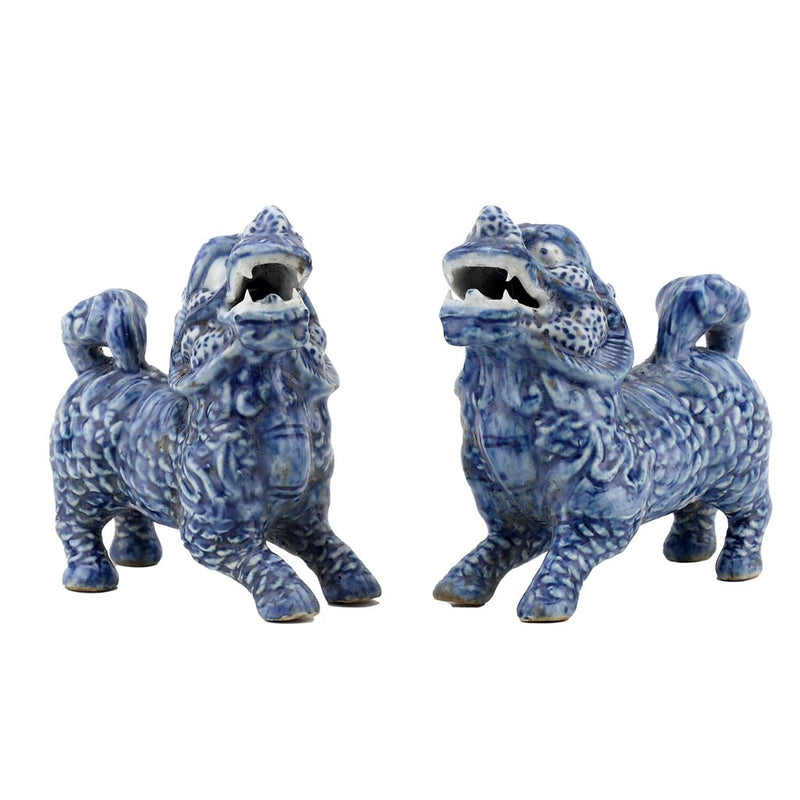 Chinese Blue & White Porcelain Foo Dogs Statue Set of 2-5"H