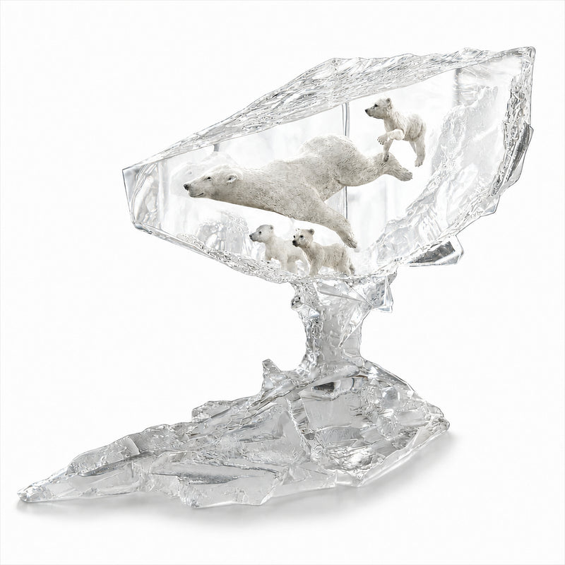 Lucite sculpture of polar bears on a white background. Title of sculpture: Polar Sea. Made by Starlite Originals