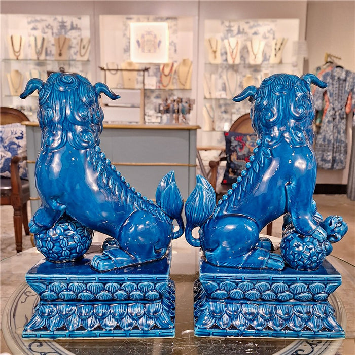 Shishi Turquoise Porcelain Foo Dog Statue Set of 2