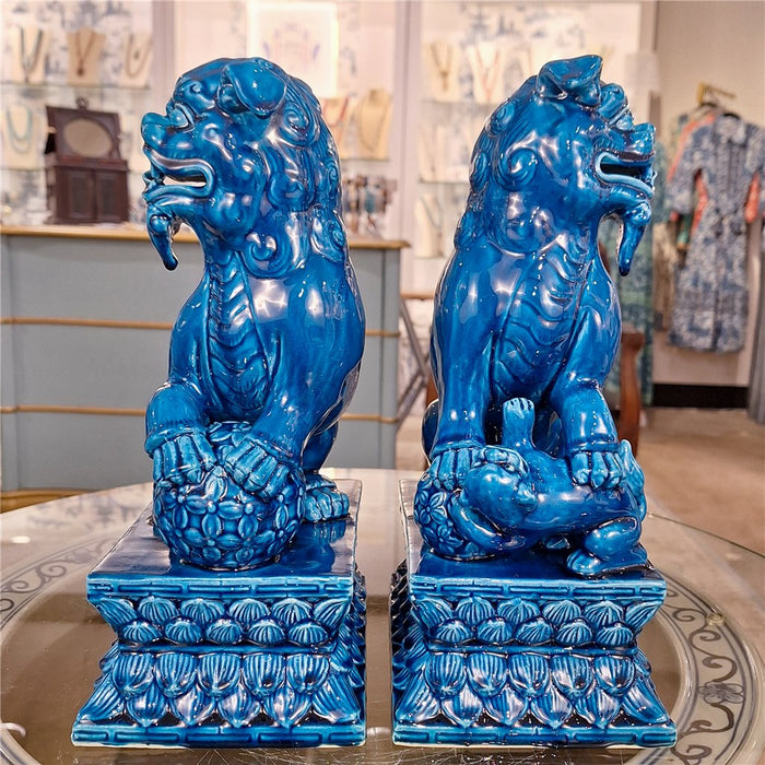 Shishi Turquoise Porcelain Foo Dog Statue Set of 2