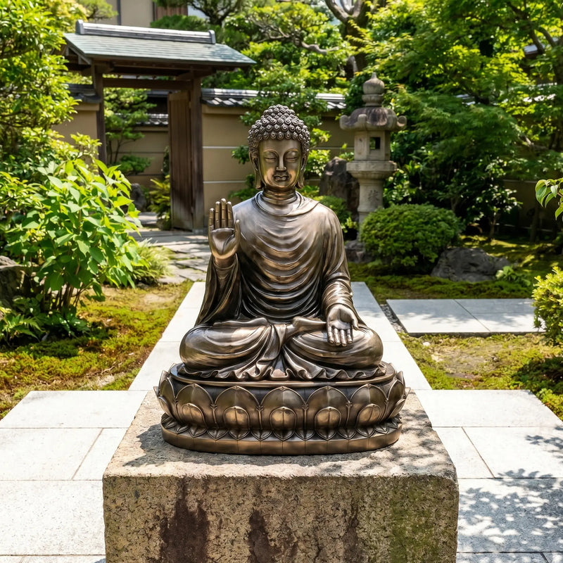 Bronze Buddha statue in a garden setting with greenery and traditional architecture.