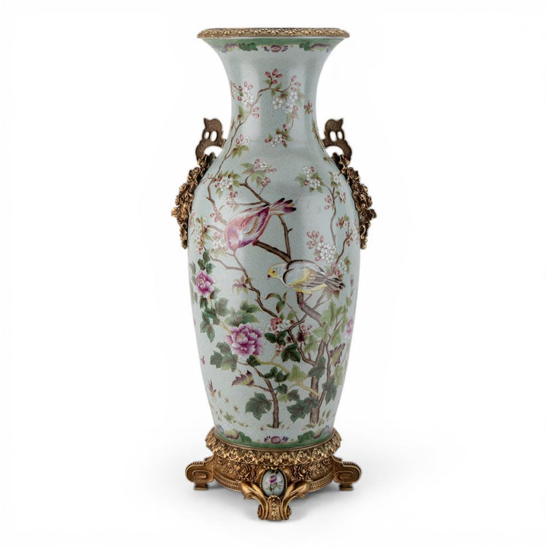 Spring Aviary Floral Vase-Porcelain & Bronze
