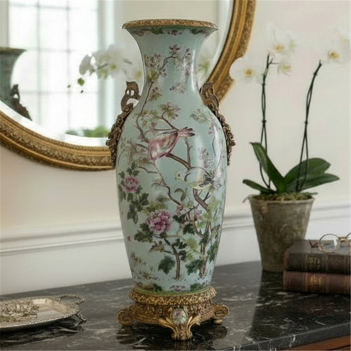 Spring Aviary Floral Vase-Porcelain & Bronze