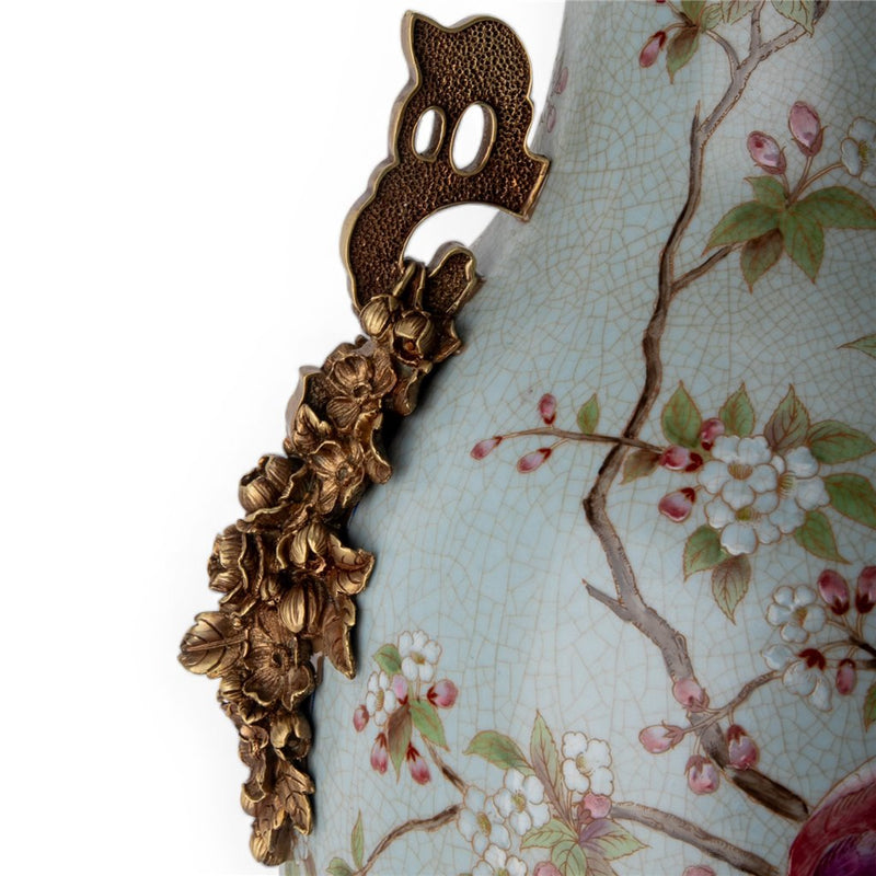 Spring Aviary Floral Vase-Porcelain & Bronze