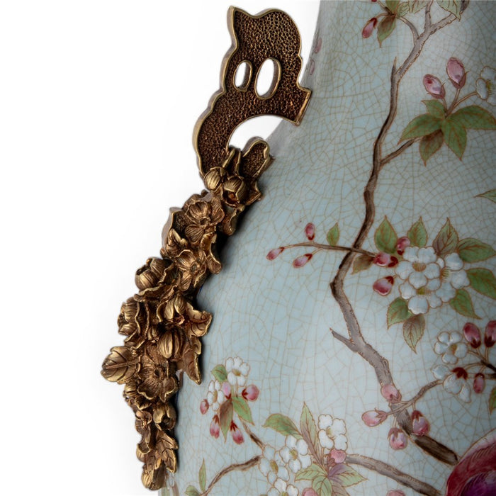 Spring Aviary Floral Vase-Porcelain & Bronze
