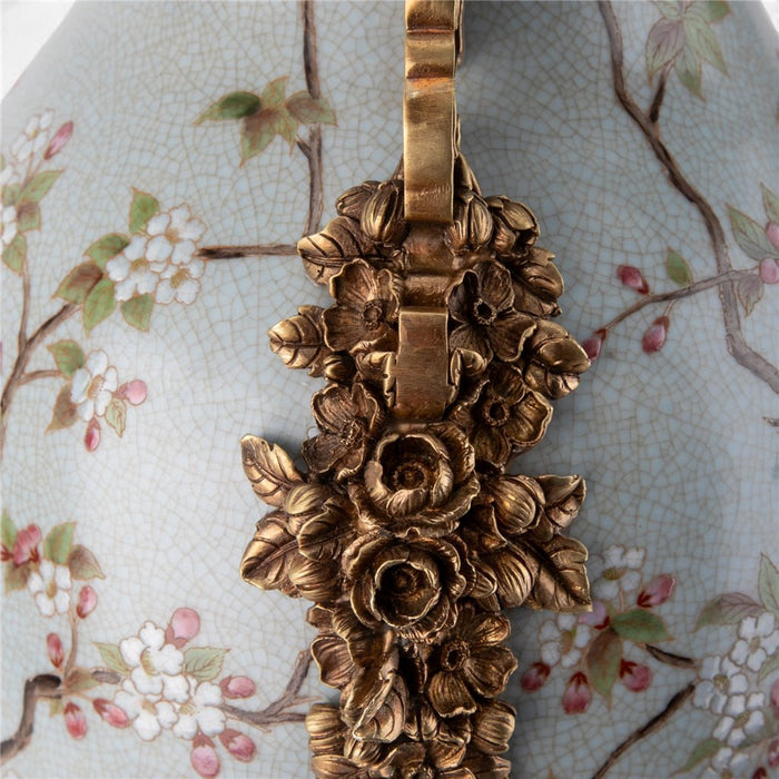 Spring Aviary Floral Vase-Porcelain & Bronze