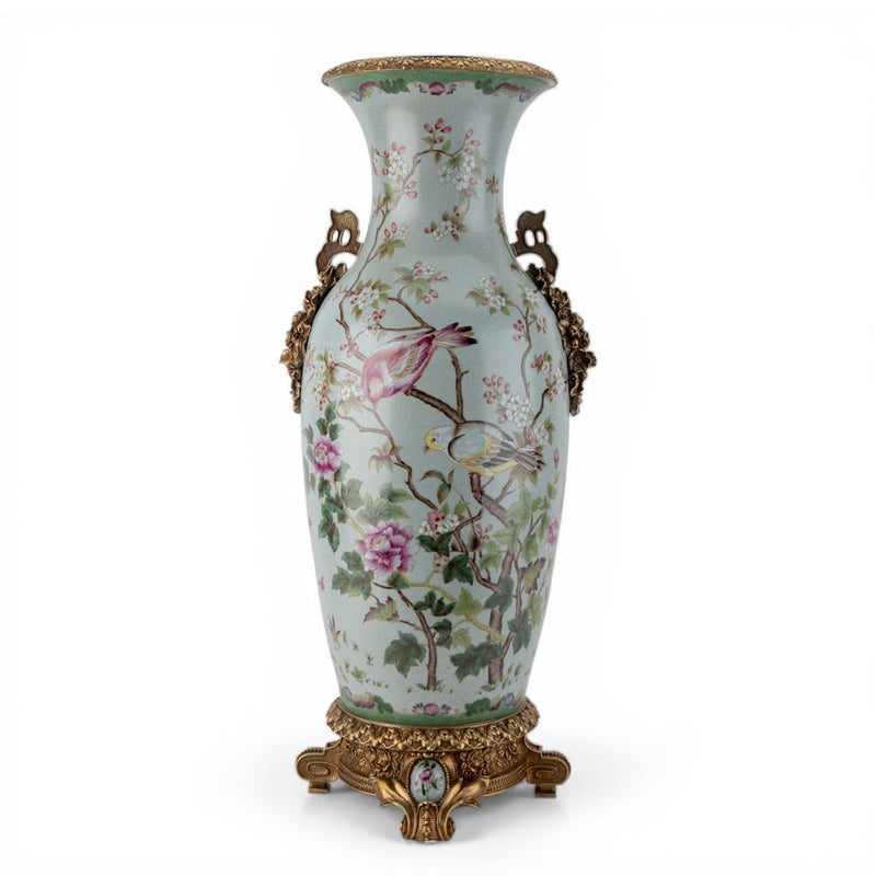 Spring Aviary Floral Vase-Porcelain & Bronze