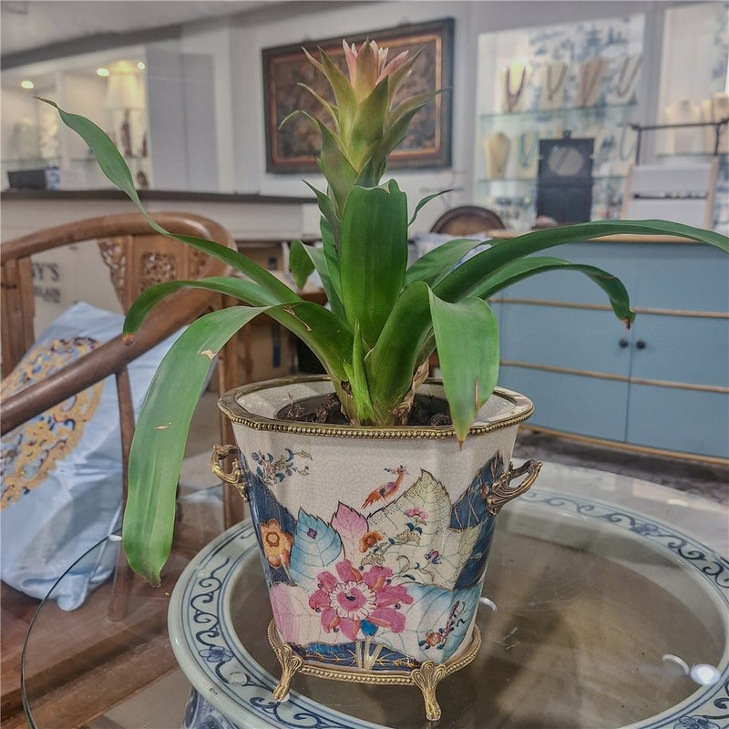 Tobacco Leaf Pattern Cachepot Planter-Porcelain & Bronze