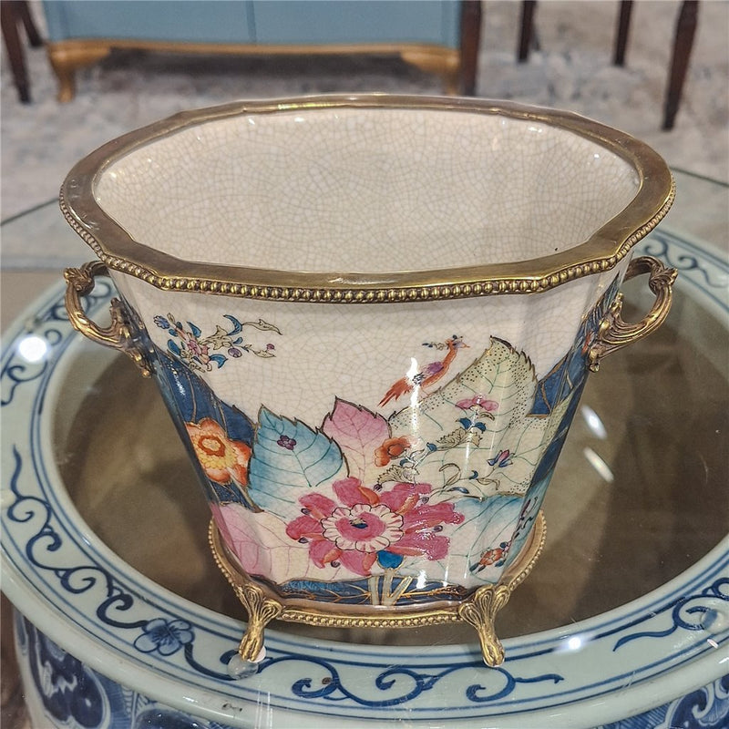 Tobacco Leaf Pattern Cachepot Planter-Porcelain & Bronze
