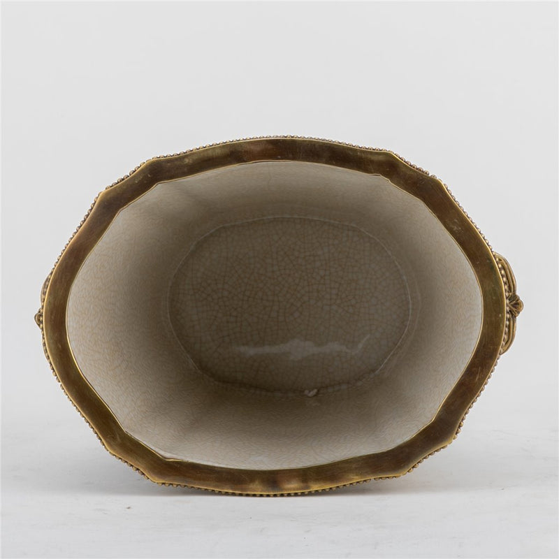 Tobacco Leaf Pattern Cachepot Planter-Porcelain & Bronze