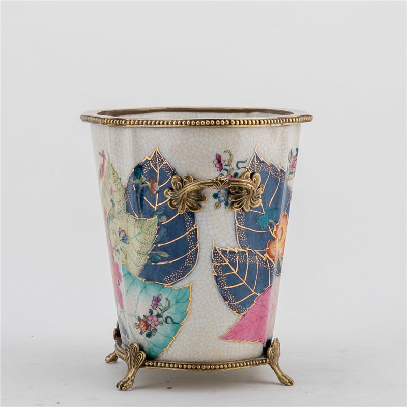 Tobacco Leaf Pattern Cachepot Planter-Porcelain & Bronze