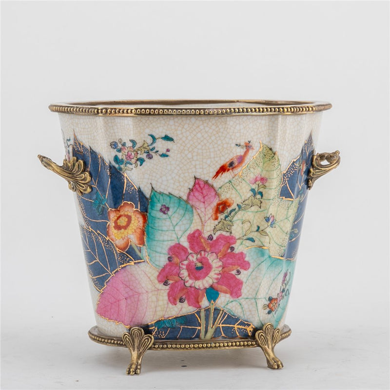 Tobacco Leaf Pattern Cachepot Planter-Porcelain & Bronze