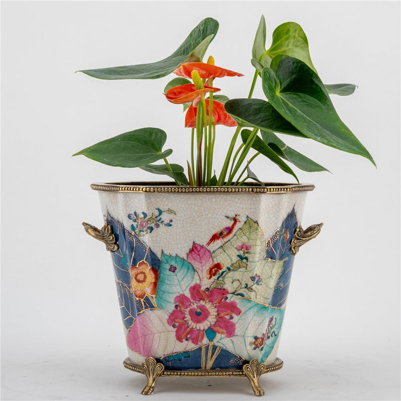 Tobacco Leaf Pattern Cachepot Planter-Porcelain & Bronze