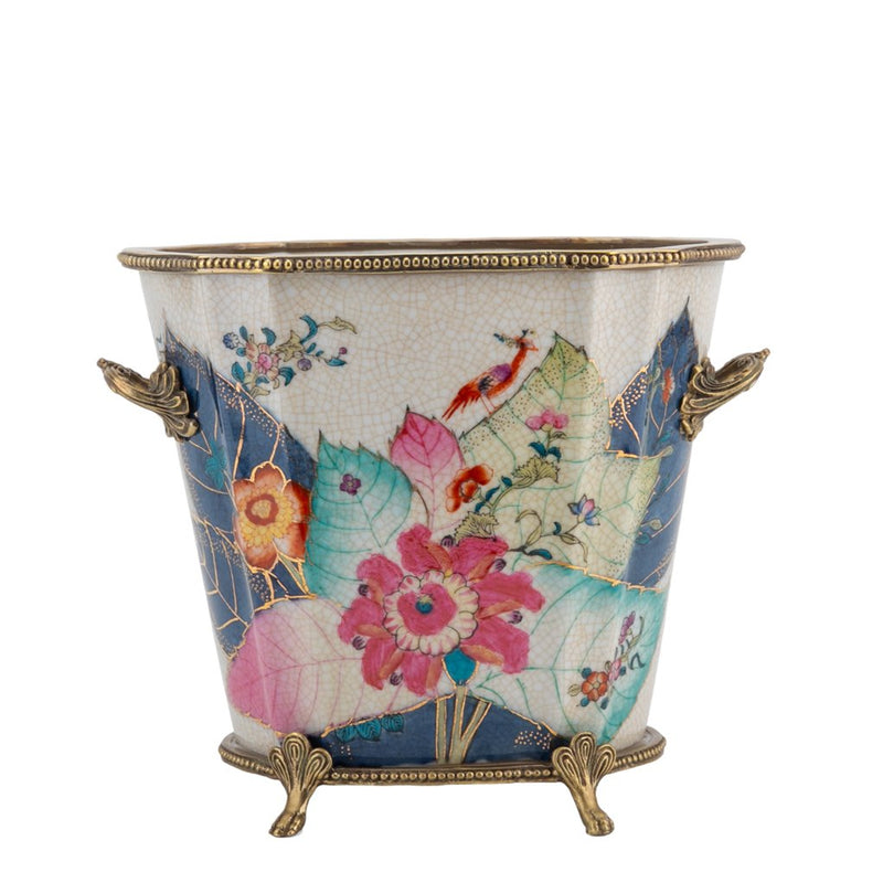 Tobacco Leaf Pattern Cachepot Planter-Porcelain & Bronze