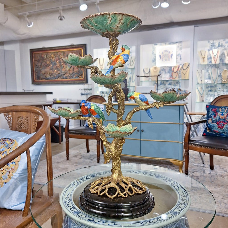 Tropical Bird Tree Sculpture with Bowls-Porcelain & Bronze