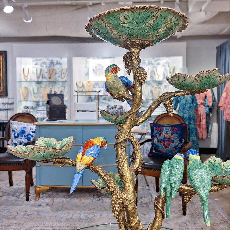 Tropical Bird Tree Sculpture with Bowls-Porcelain & Bronze
