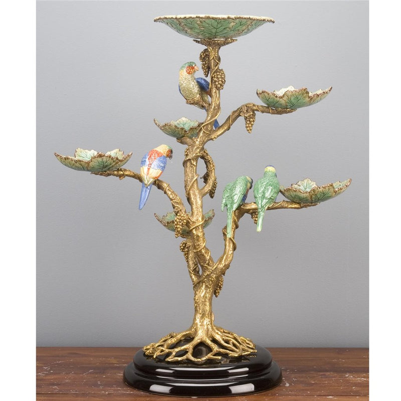 Tropical Bird Tree Sculpture with Bowls-Porcelain & Bronze