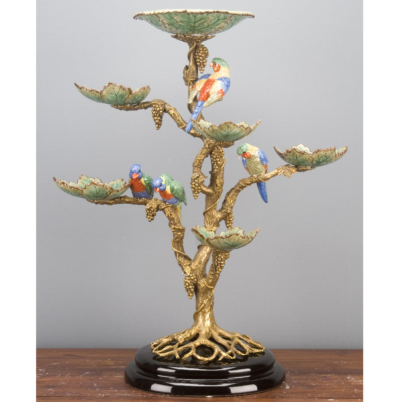 Tropical Bird Tree Sculpture with Bowls-Porcelain & Bronze