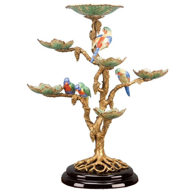 Tropical Bird Tree Sculpture with Bowls-Porcelain & Bronze