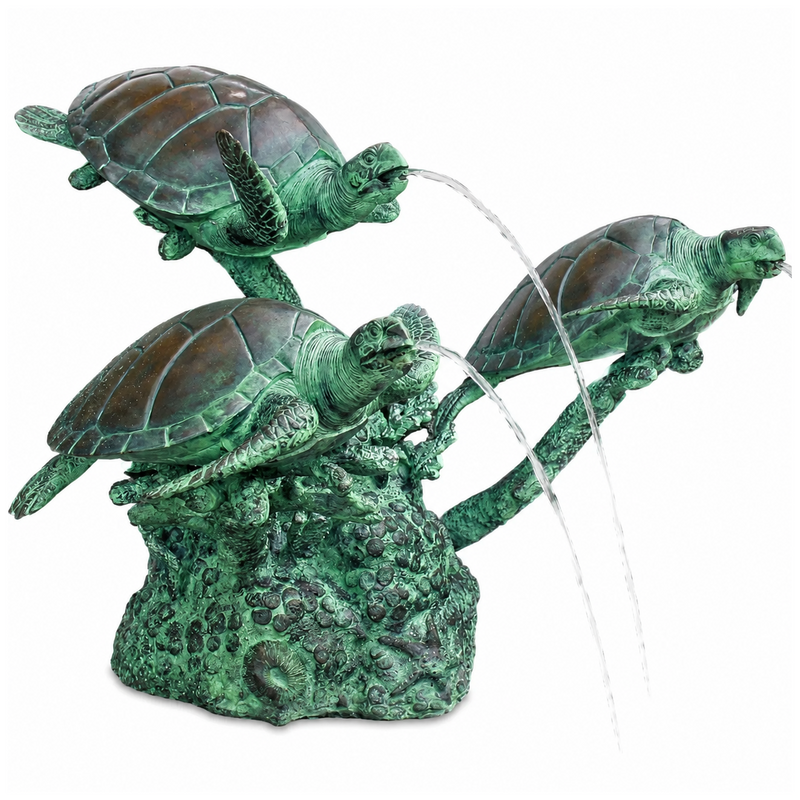 Decorative fountain with three turtles on a white background