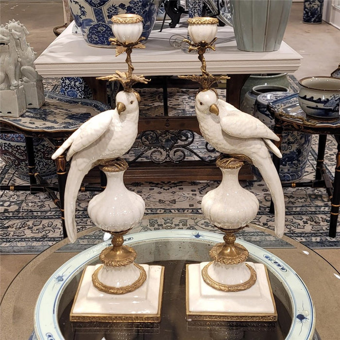 White Parrot Candle Holder-Porcelain & Bronze