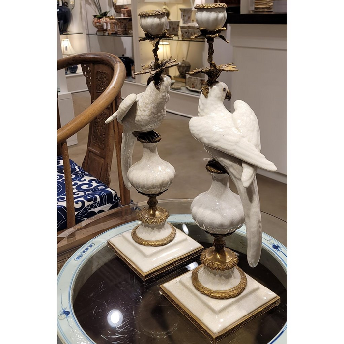 White Parrot Candle Holder-Porcelain & Bronze