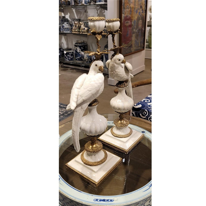 White Parrot Candle Holder-Porcelain & Bronze