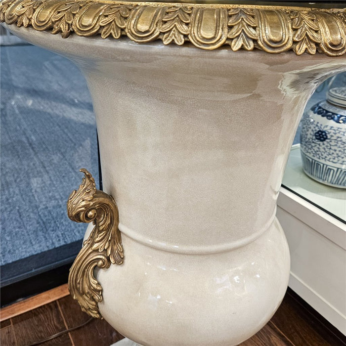White Crackel Urn Planter-Porcelain & Bronze