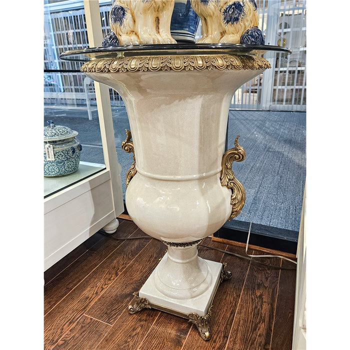 White Crackel Urn Planter-Porcelain & Bronze