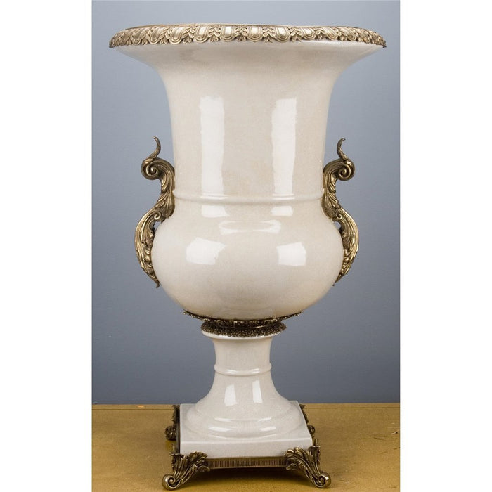 White Crackel Urn Planter-Porcelain & Bronze