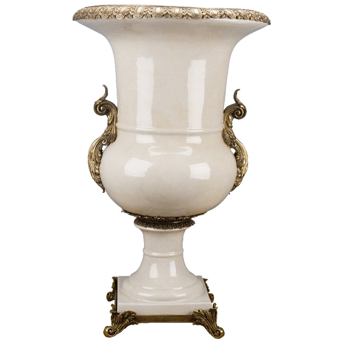 White Crackel Urn Planter-Porcelain & Bronze