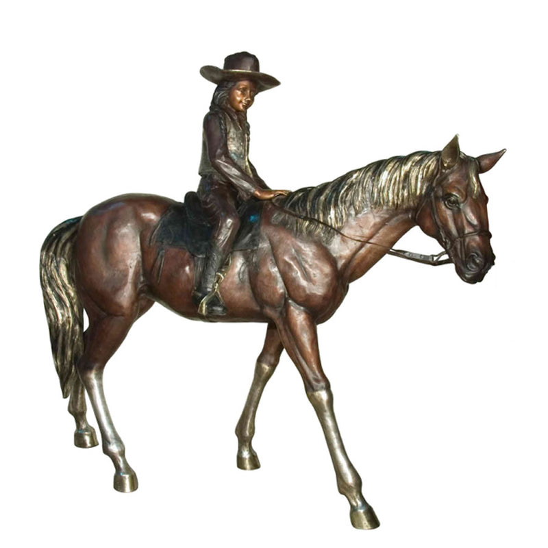 Young Cowgirl on Horse Bronze Sculpture