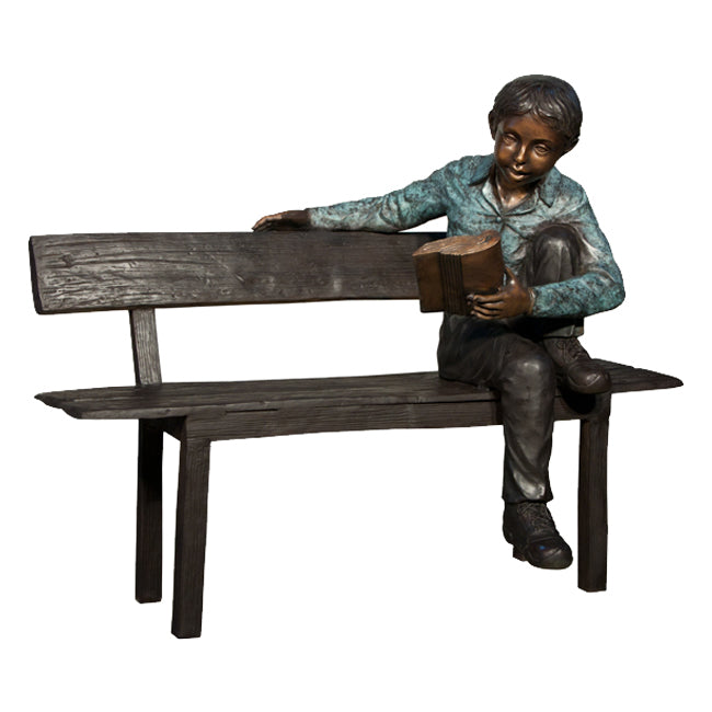 Young Boy Reading on Bench Bronze Sculpture