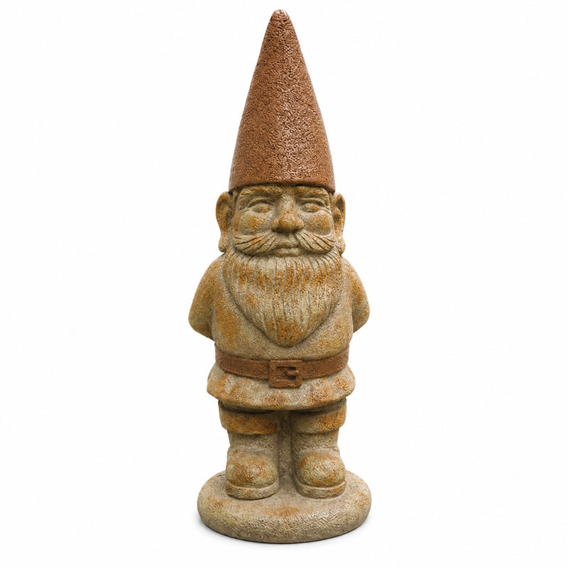 Garden gnome figurine with a conical hat on a white background