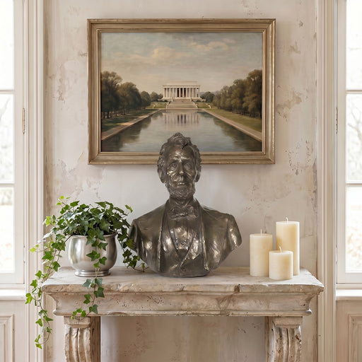 Bust of Abraham Lincoln on a table with candles and a framed painting of the Lincoln Memorial.