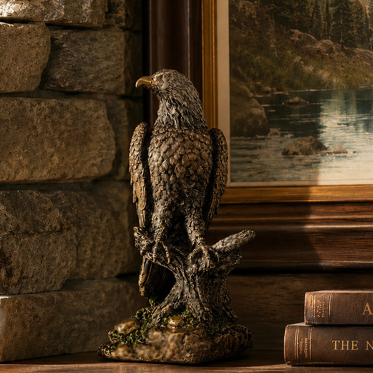 Small American bald eagle statue on shelf. Made of cold cast bronze by Veronese Design