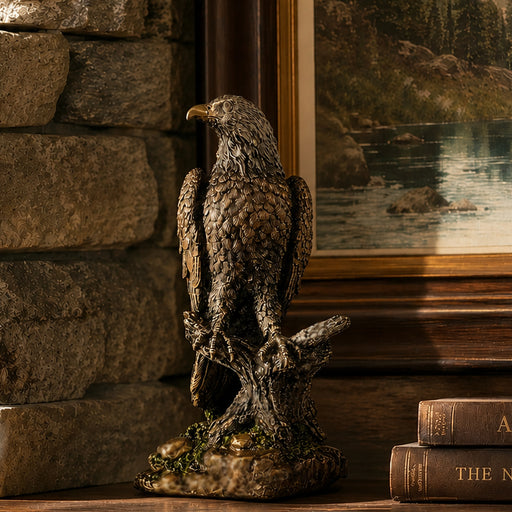 Small American bald eagle statue on shelf. Made of cold cast bronze by Veronese Design