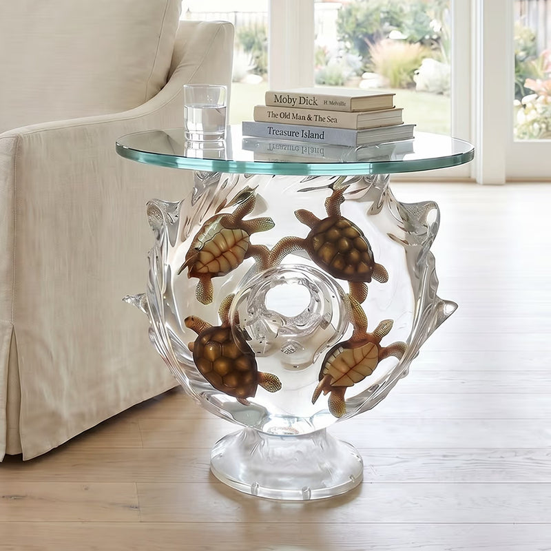 Glass side table with turtle design in a living room setting