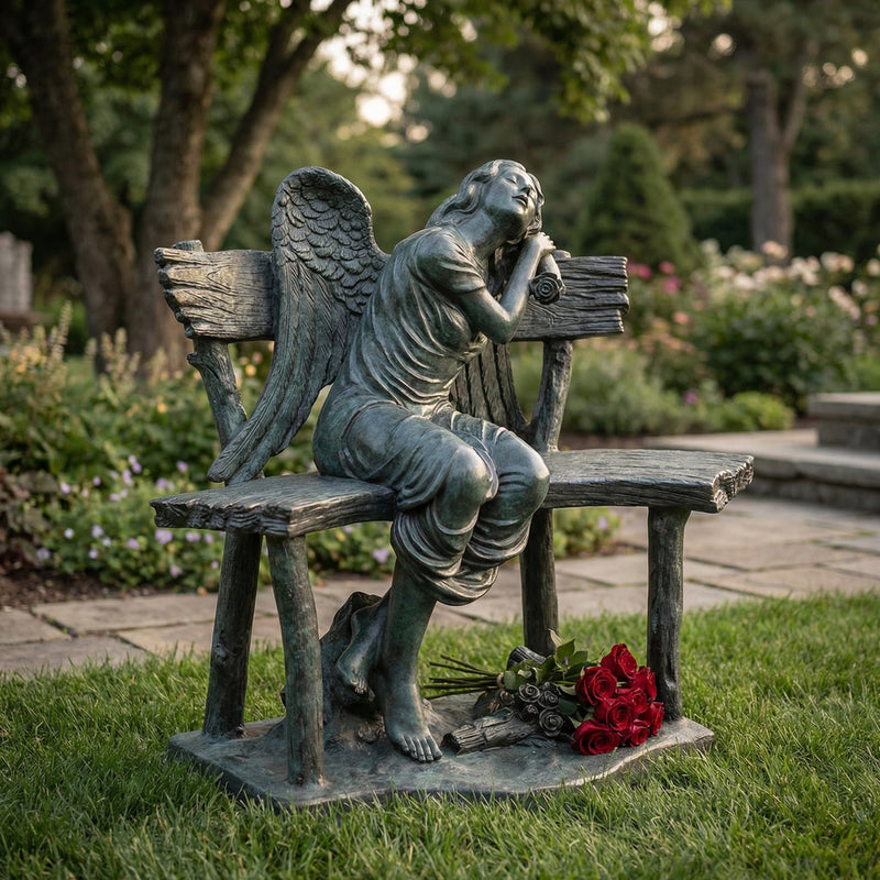 Angel on Bench Bronze Sculpture