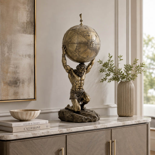 A bronze-finished sculpture of a muscular Atlas figure kneeling and supporting a detailed globe on his shoulders, displayed on a marble-topped console cabinet in a styled interior setting.