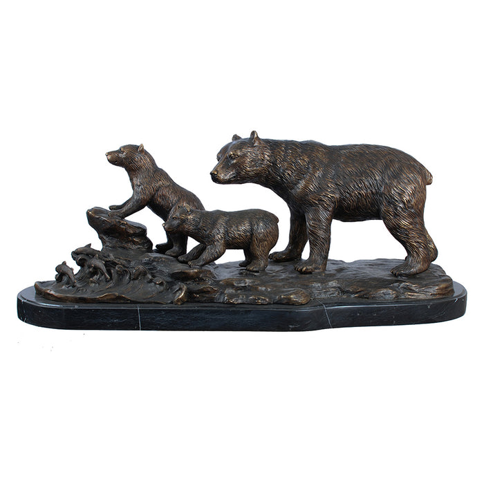 Mama Bear with Cubs Fishing Bronze Sculpture on Marble Base