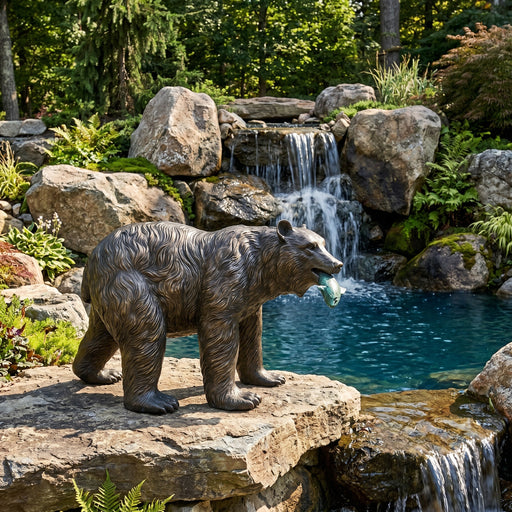 bear with fish in mouth bronze fountain statue