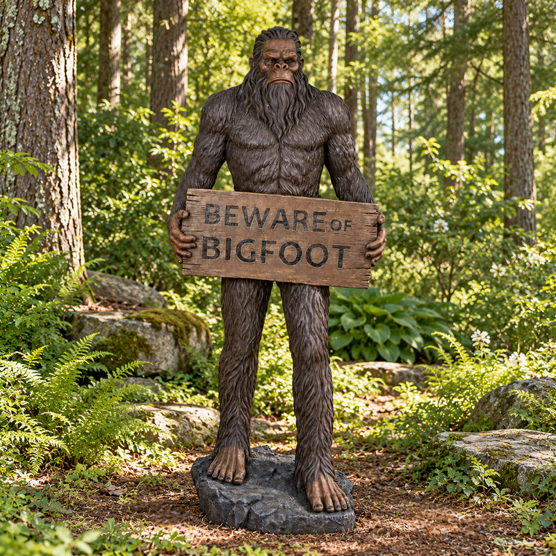 Big Foot garden statue in wooded setting. Big Foot holding sign "Beware of Big Foot"