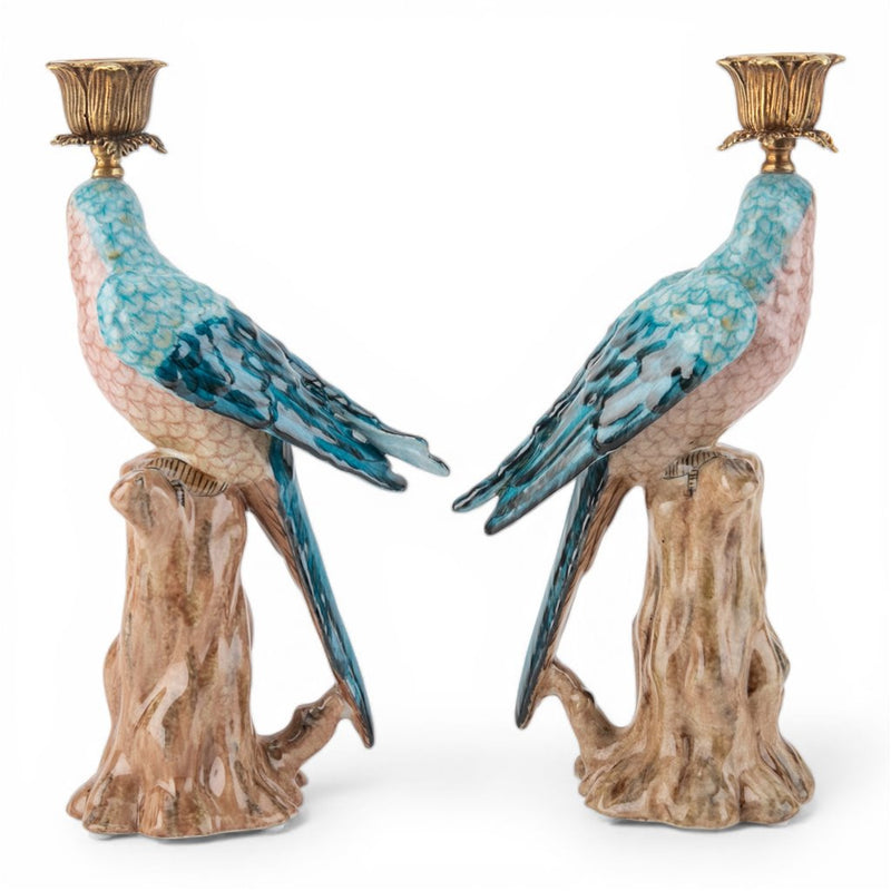 Blue Parrot Candle Holders-Porcelain & Bronze
