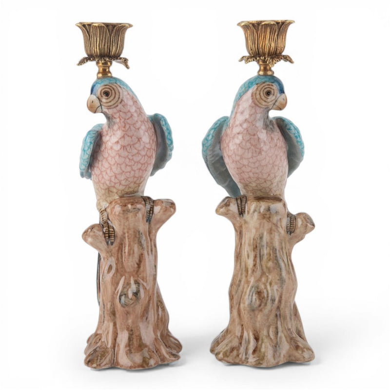 Blue Parrot Candle Holders-Porcelain & Bronze