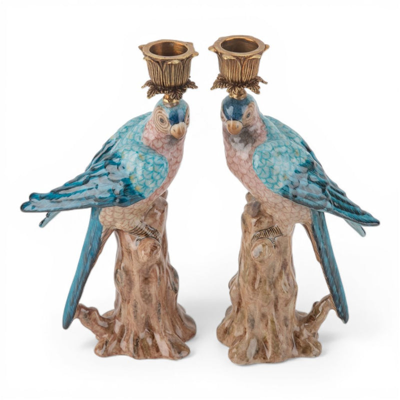 Blue Parrot Candle Holders-Porcelain & Bronze