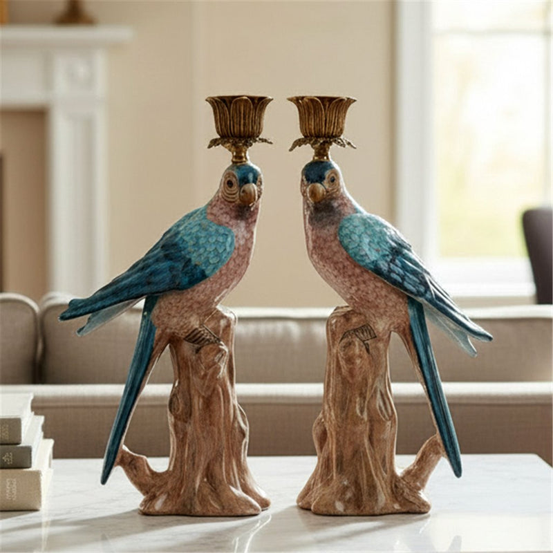 Blue Parrot Candle Holders-Porcelain & Bronze