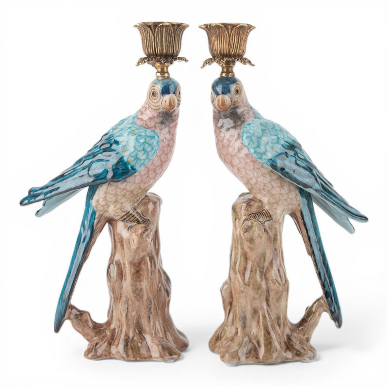 Blue Parrot Candle Holders-Porcelain & Bronze